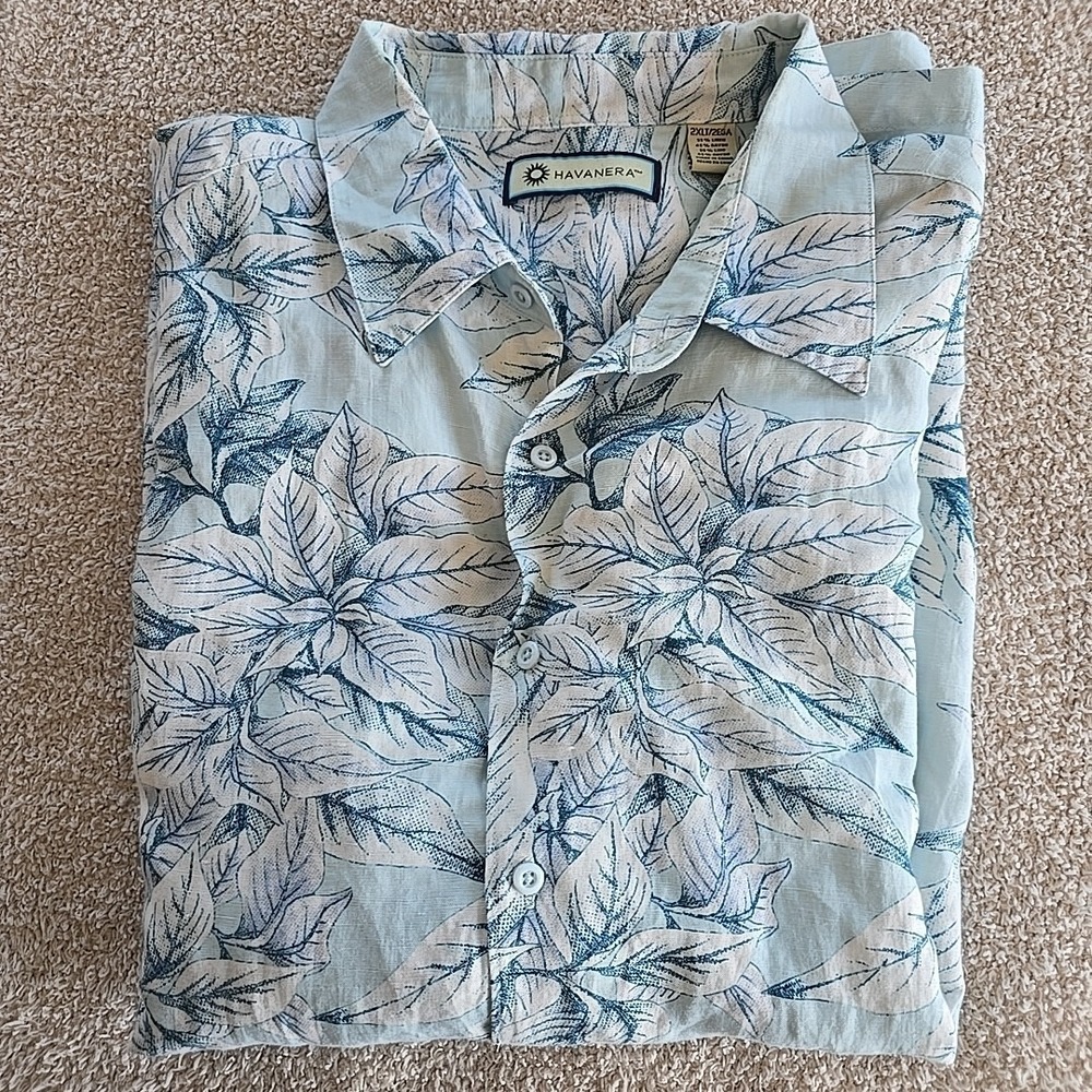 HAVANERA Floral‎ Hawaiian Linen Blend 2XLT Button Down Shirt Blue Lightweight